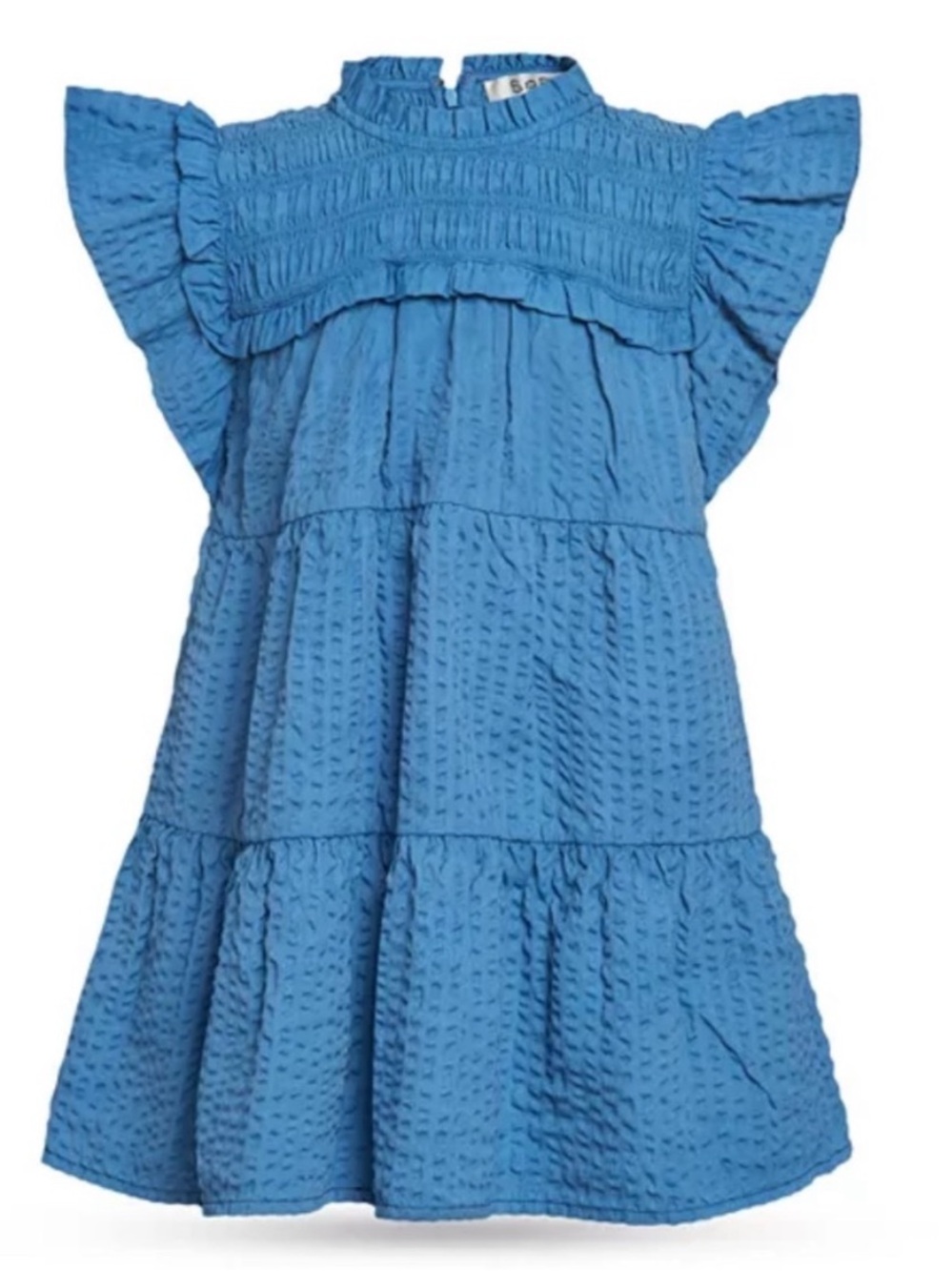 Sea New York Sevyn Pucker Smocked Blue Ruffle Yoke Dress Size 10